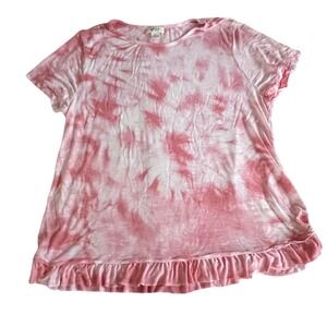 Style & Co Womens XL Pink White Tie Dye Ruffle Hem Short Sleeve Knit Top Shirt